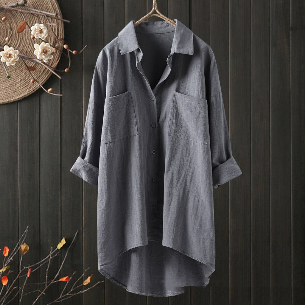Longline Cotton-Linen Shirt with Curved Hem - grey front view on dark backdrop