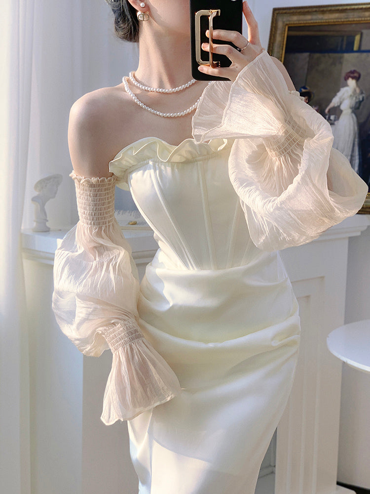 Maxi Dress in Ivory Satin with Sheer Sleeves - ivory full-length front view