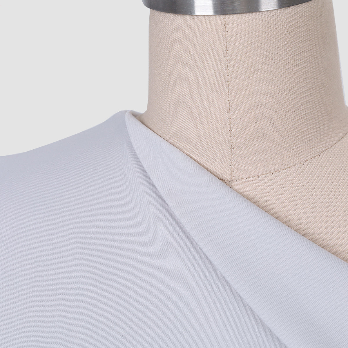 Maxi Dress in Soft Grey with One-Shoulder Drape - one-shoulder neckline close-up