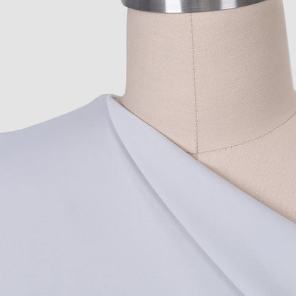 Maxi Dress in Soft Grey with One-Shoulder Drape - one-shoulder neckline close-up