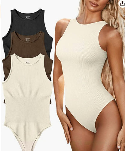 Bodysuit in Ribbed Cotton, Sleeveless Crew Neck - milk tea front studio composite
