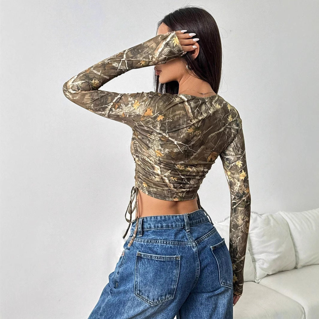 Long Sleeve Ruched Crop Top in Olive Branch-Print Mesh - olive back view