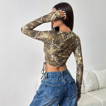 Long Sleeve Ruched Crop Top in Olive Branch-Print Mesh - olive back view