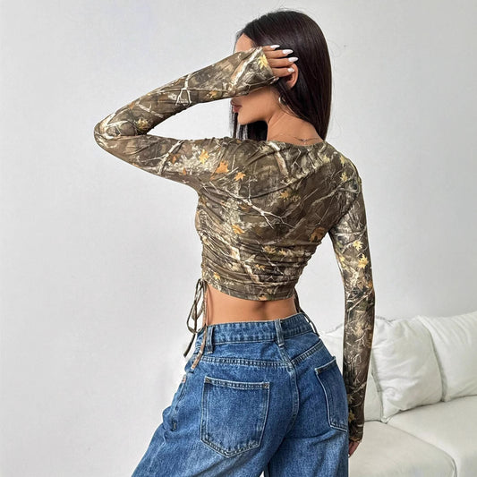 Long Sleeve Ruched Crop Top in Olive Branch-Print Mesh - olive back view
