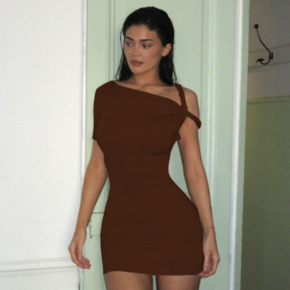 Mini Dress with One-Shoulder Twist Detail - Brown front view