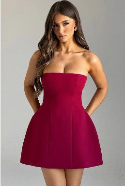 Mini Dress with Bandeau Neckline and Sculpted Skirt - dark red front view