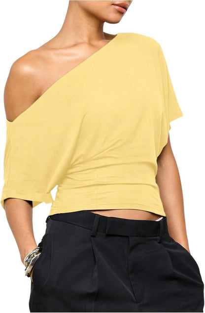One-Shoulder Top with Twist-Hem Drape - Lemon Yellow front view
