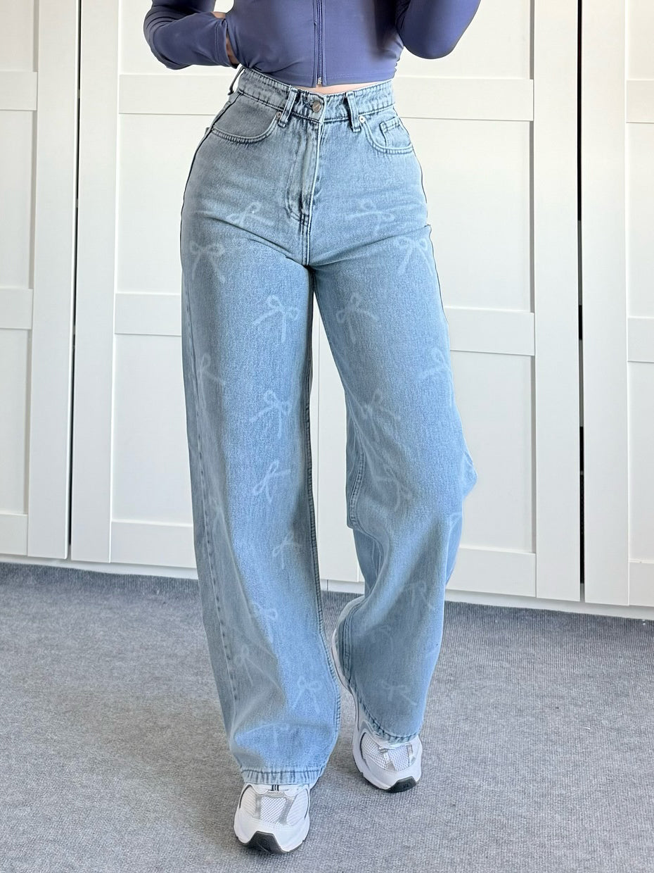 Blue Washed Wide-Leg Bow-Waist Jeans - front wide-leg fit