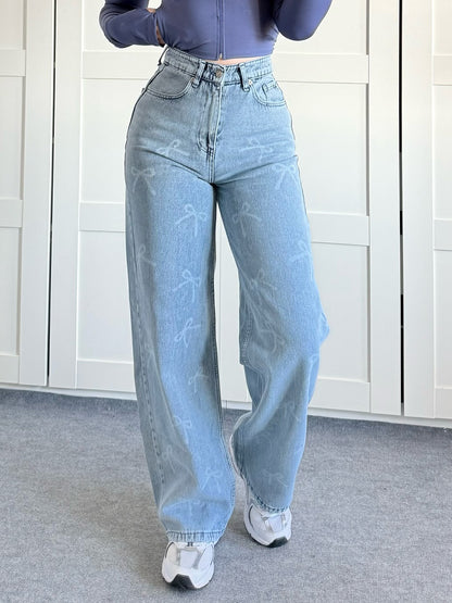 Blue Washed Wide-Leg Bow-Waist Jeans - front wide-leg fit