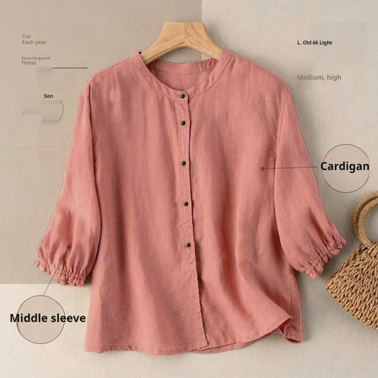 Blouse in Textured Cotton with Gathered Half Sleeves - lotus pink front view
