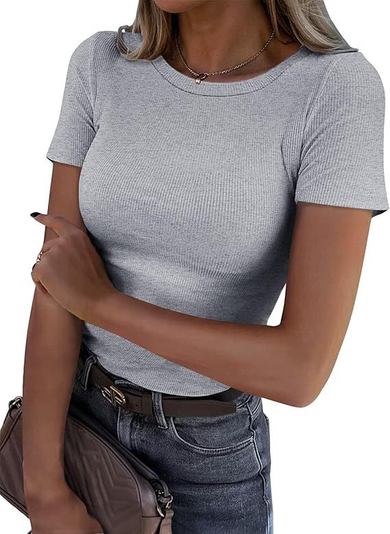 T-Shirt in Sculpting Ribbed Stretch - heather grey front view