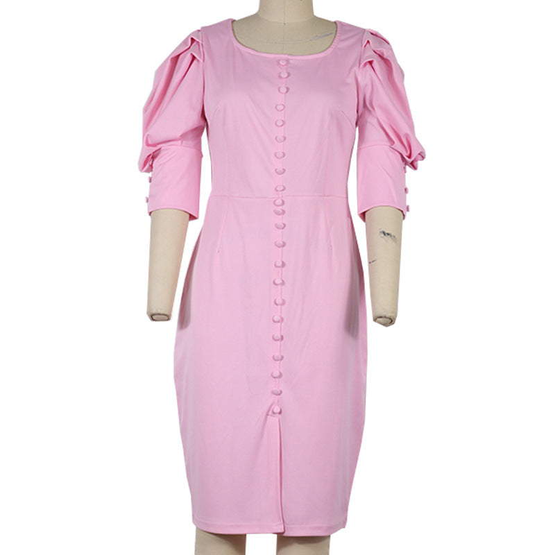 Bodycon Knee-Length Dress with Square Neck and Puff Sleeves - pink front view on mannequin