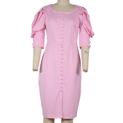 Bodycon Knee-Length Dress with Square Neck and Puff Sleeves - pink front view on mannequin