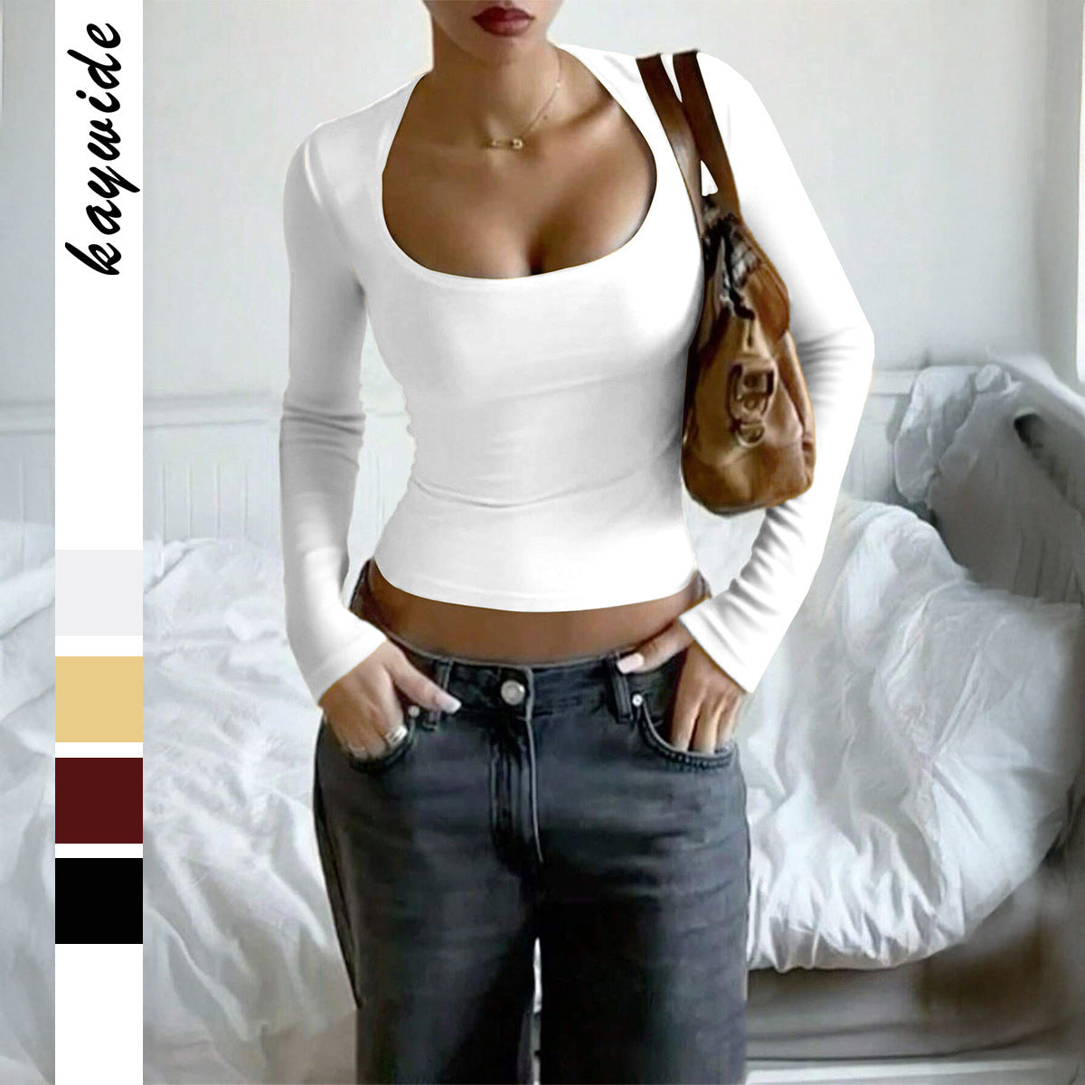 Top with Square Neck and Long Sleeves - white styled front