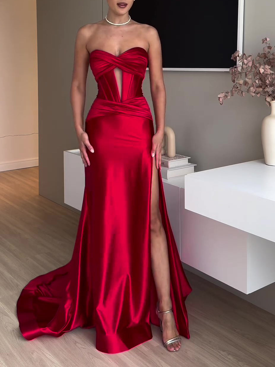 Maxi Evening Dress in Red Satin with Slit and Sheer Bodice - red satin front full-length view