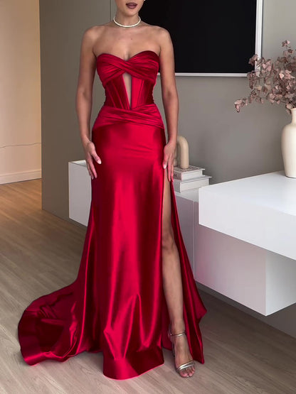 Maxi Evening Dress in Red Satin with Slit and Sheer Bodice - red satin front full-length view