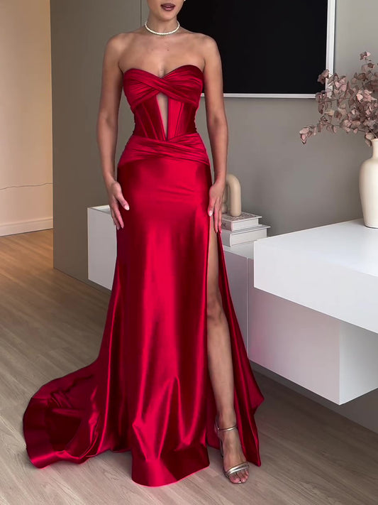 Maxi Evening Dress in Red Satin with Slit and Sheer Bodice - red satin front full-length view
