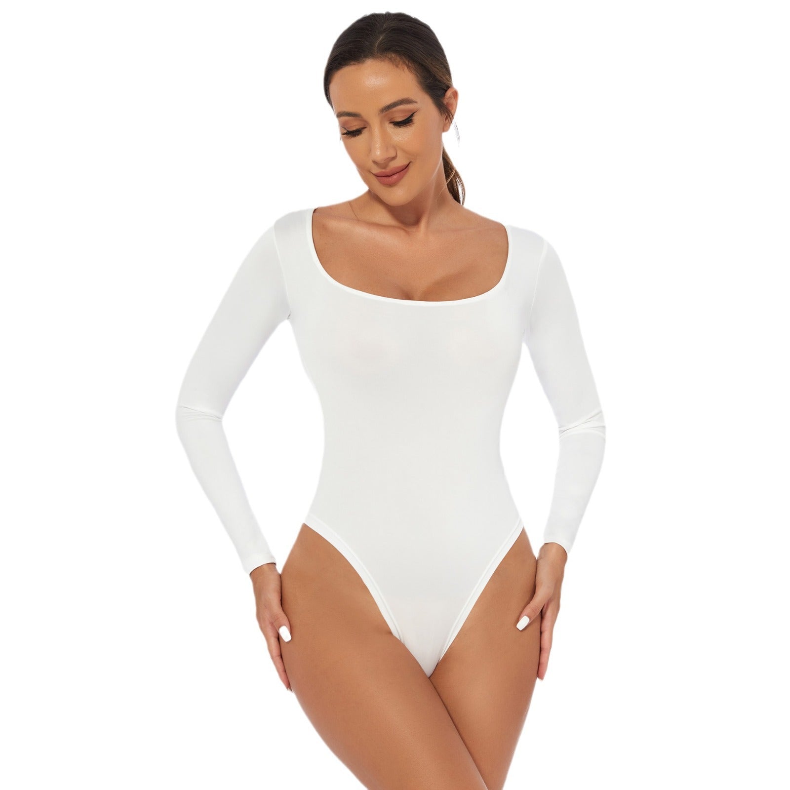 Bodysuit with Square Neck and Long Sleeves - white front full length