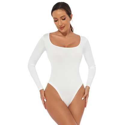 Bodysuit with Square Neck and Long Sleeves - white front full length