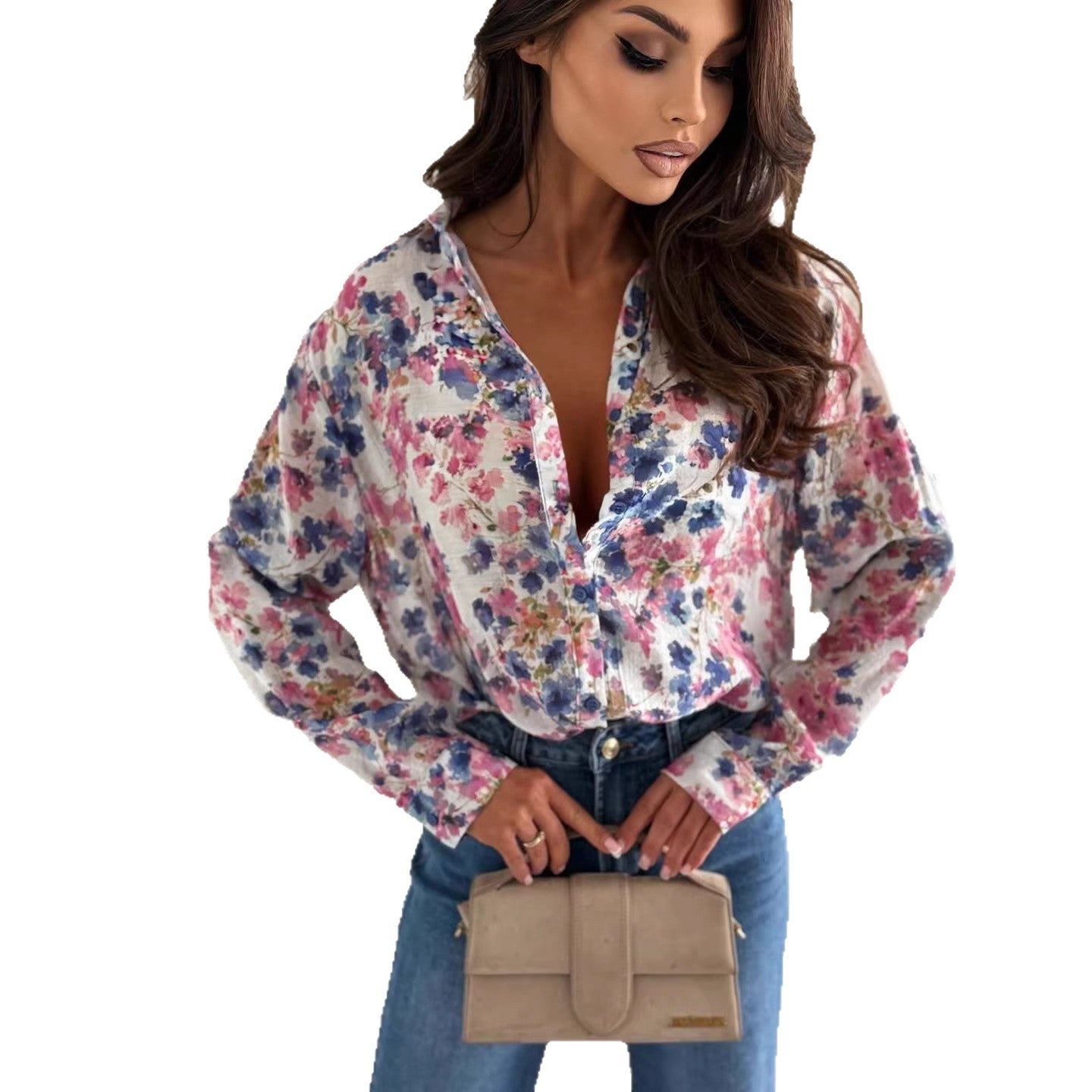 Blouse in Floral Print with Balloon Sleeves - red print close-up