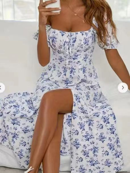 Maxi Dress in Floral Print with Lace-Up Front and Side Split - blue floral bodice and skirt detail
