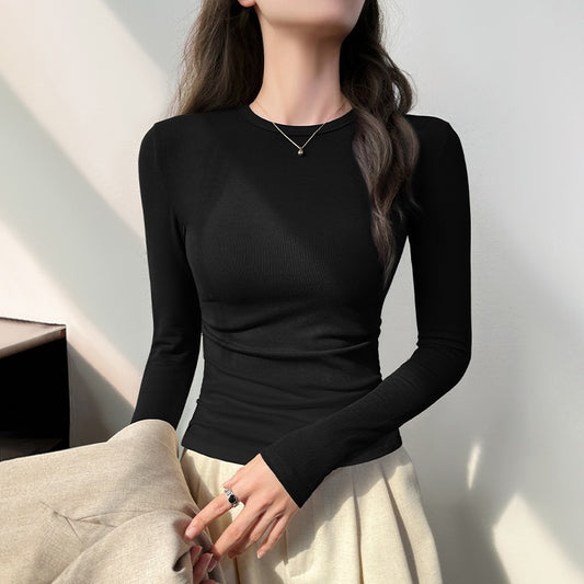T-Shirt Top with Side Ruching and Long Sleeves - black front view