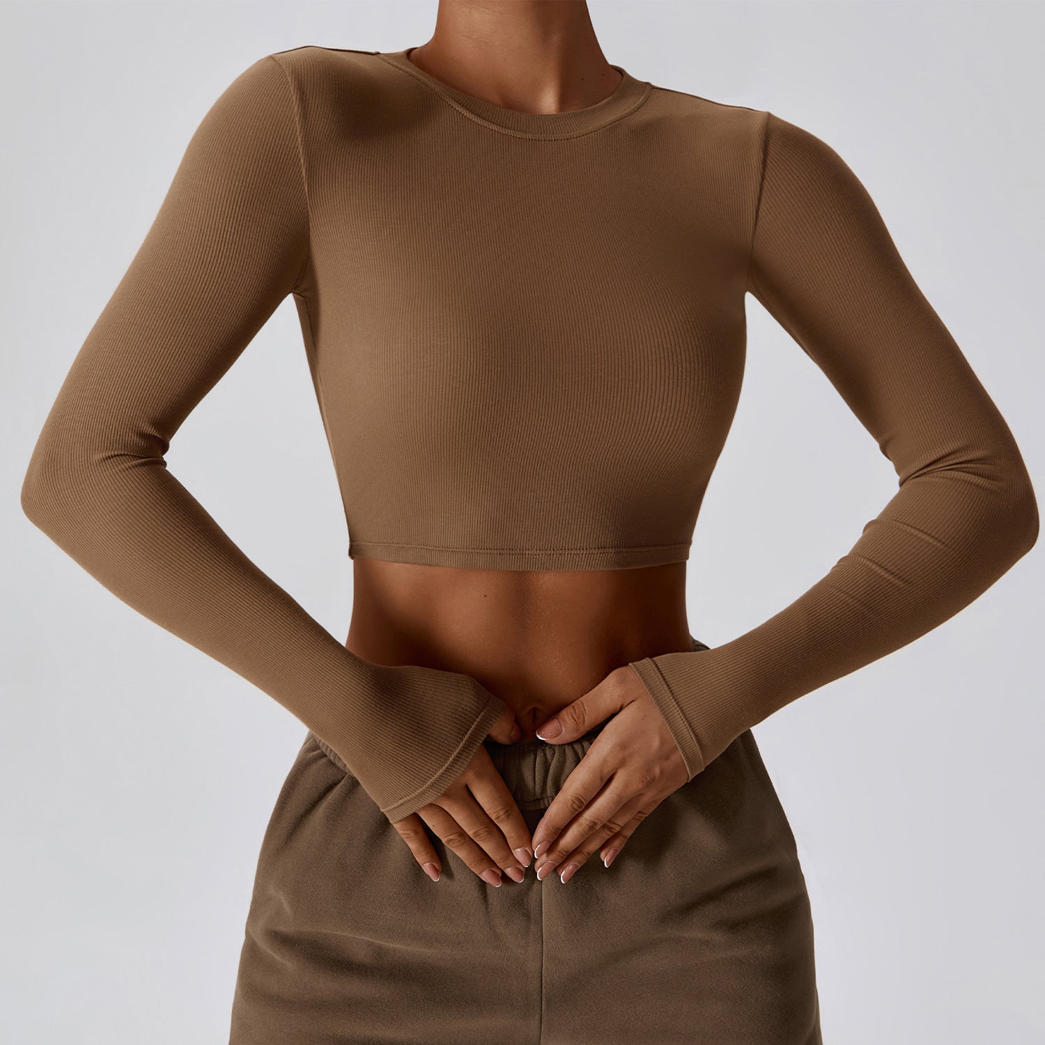 Crop Top with Thumbhole Cuffs in Quick-Dry Stretch - Caramel Mocha front view