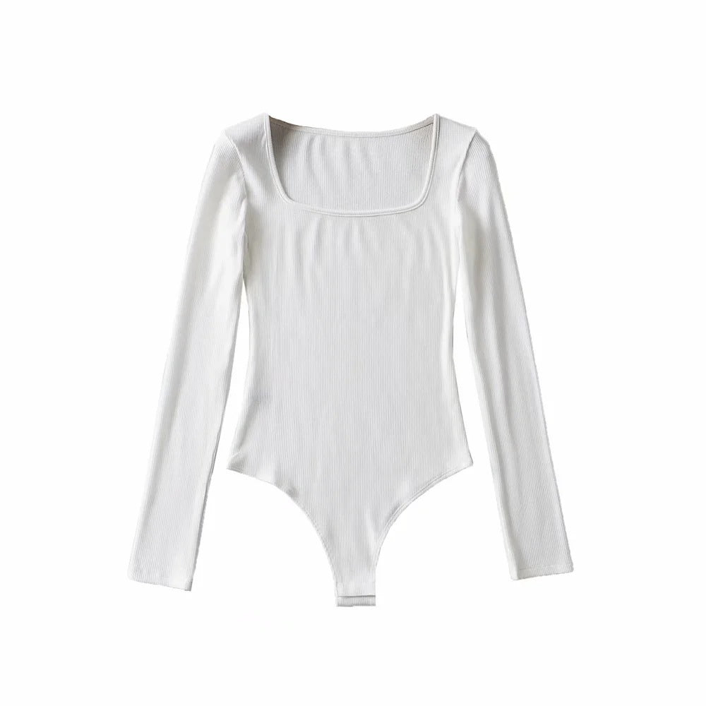 Square-Neck Brushed Rib Bodysuit with Long Sleeves - White front view