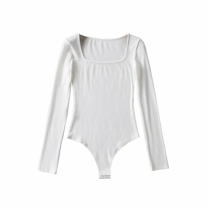 Square-Neck Brushed Rib Bodysuit with Long Sleeves - White front view