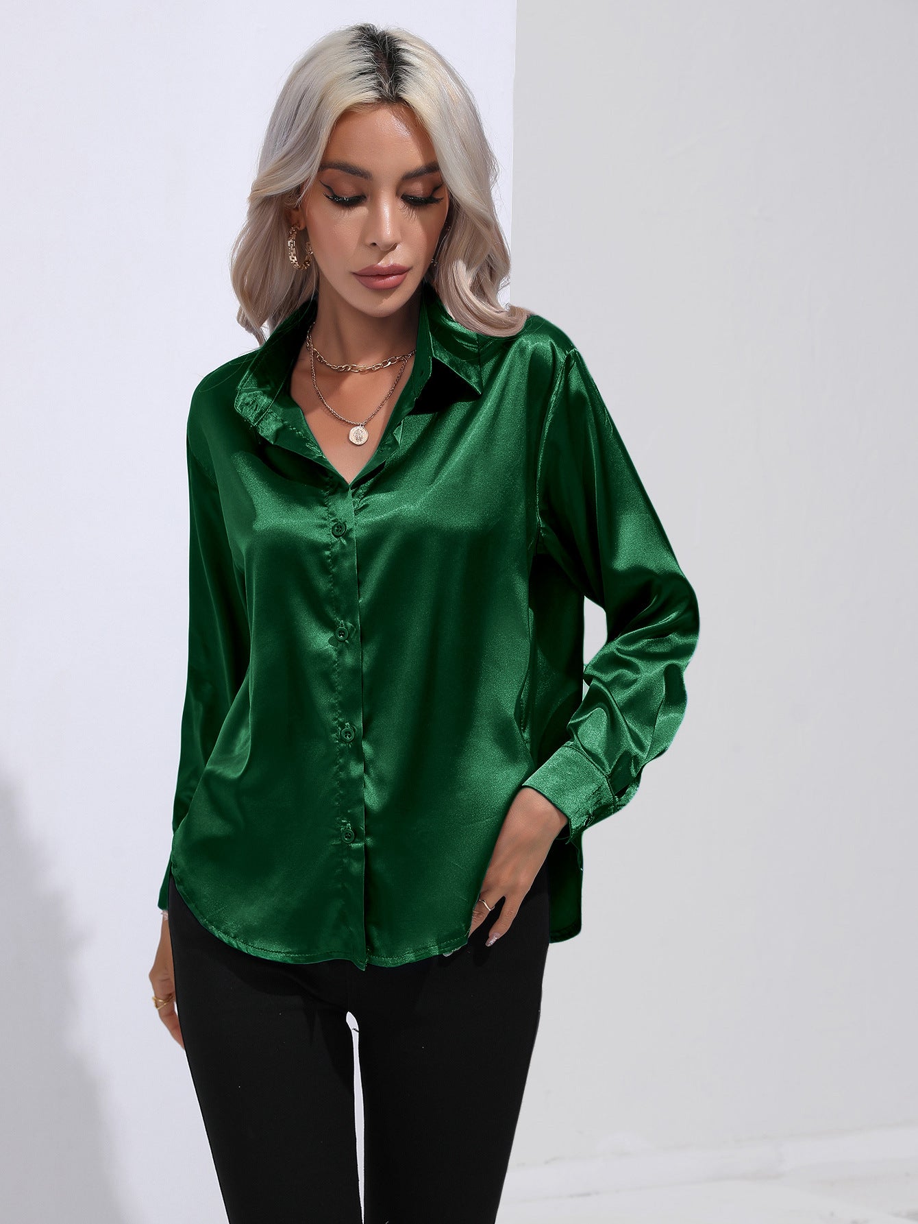 Blouse in Satin with Open Collar and Long Sleeves - dark green front view