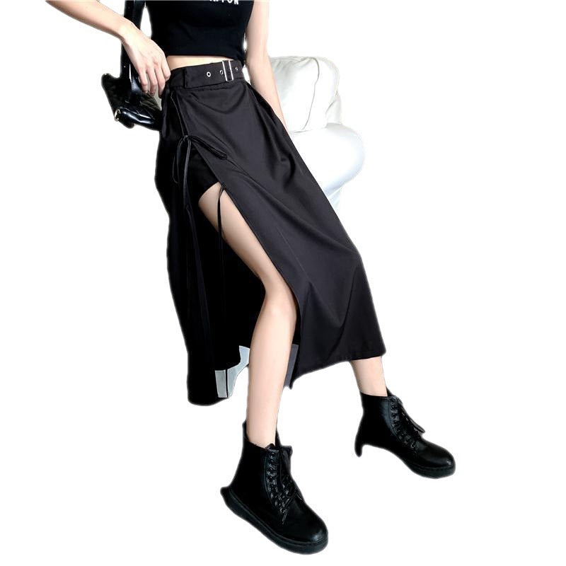 Midi Skirt in Black with Belted Asymmetric Split - black side view with movement