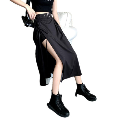 Midi Skirt in Black with Belted Asymmetric Split - black side view with movement