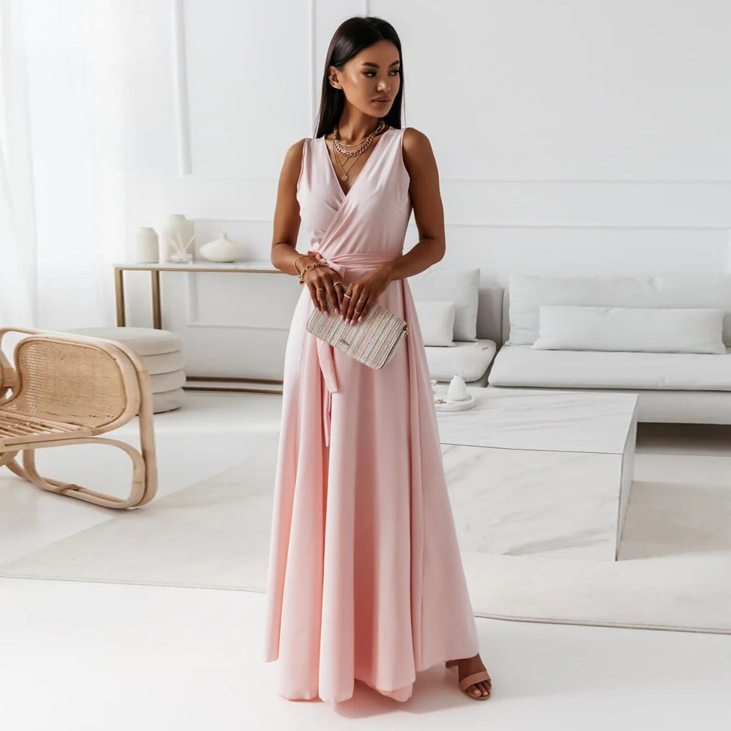 Maxi Dress with Wrap V-Neck and Tie Waist - lotus root pink front view