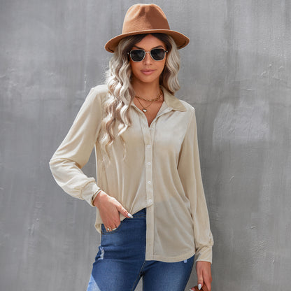 Shirt in Velvet Stripe with Relaxed Longline Fit - apricot front full-length view