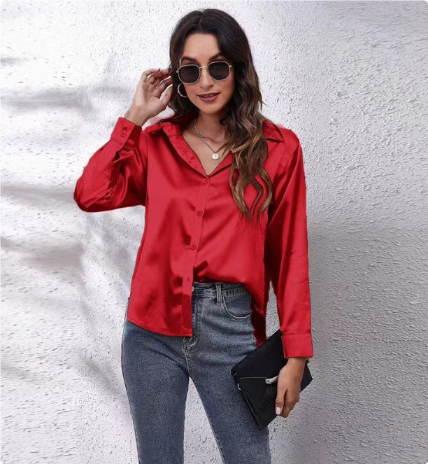 Blouse in Satin with Open Collar and Long Sleeves - red front view