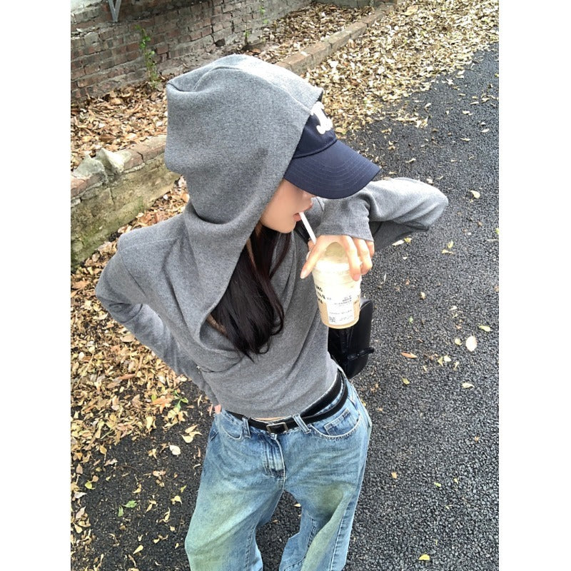 Crop Top in Grey with Wrap Front and Hood - grey overhead lifestyle view with hood up