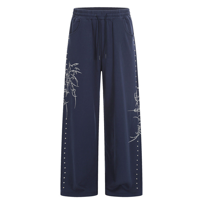 Wide-Leg Joggers with Thorn Print in Grey or Navy - navy front view