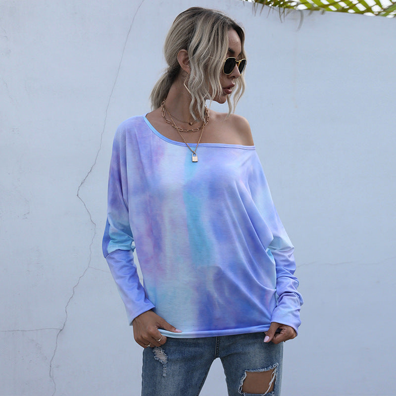Long Sleeve Top in Pastel Tie-Dye with Bardot Neck - purple relaxed front view