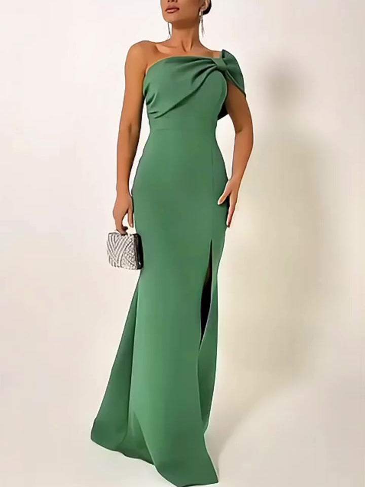 Maxi Dress with One-Shoulder Bow in Sage Green - full-length front angle with silver clutch