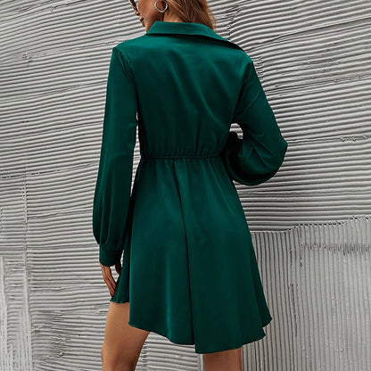 Mini Shirt Dress in Emerald Green with Shirred Waist - emerald green back view