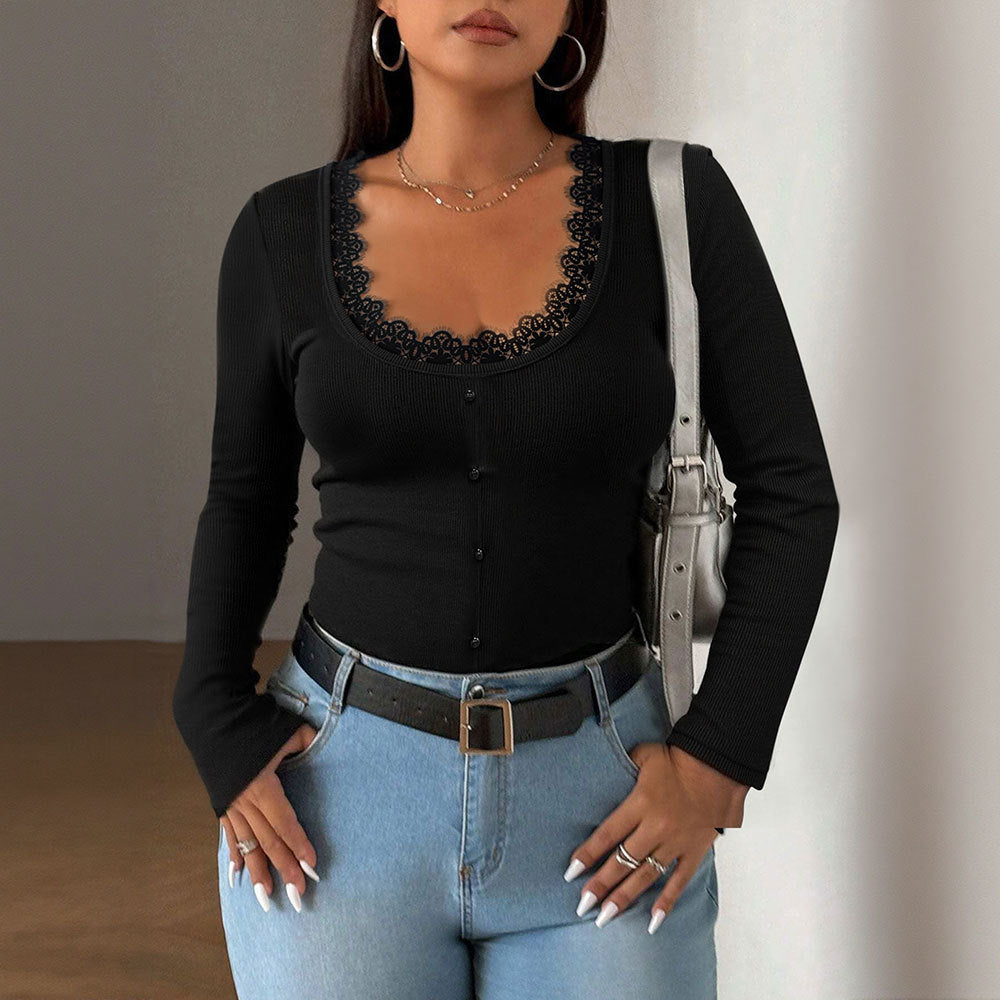 Top in Black with Lace-Trim Neckline - black front view with button placket