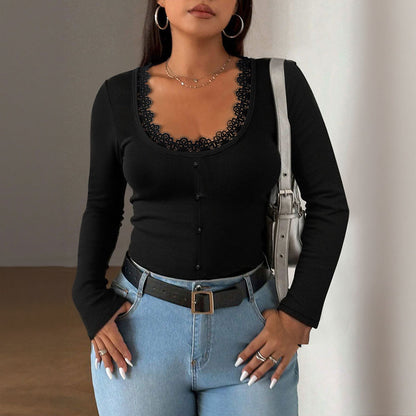 Top in Black with Lace-Trim Neckline - black front view with button placket