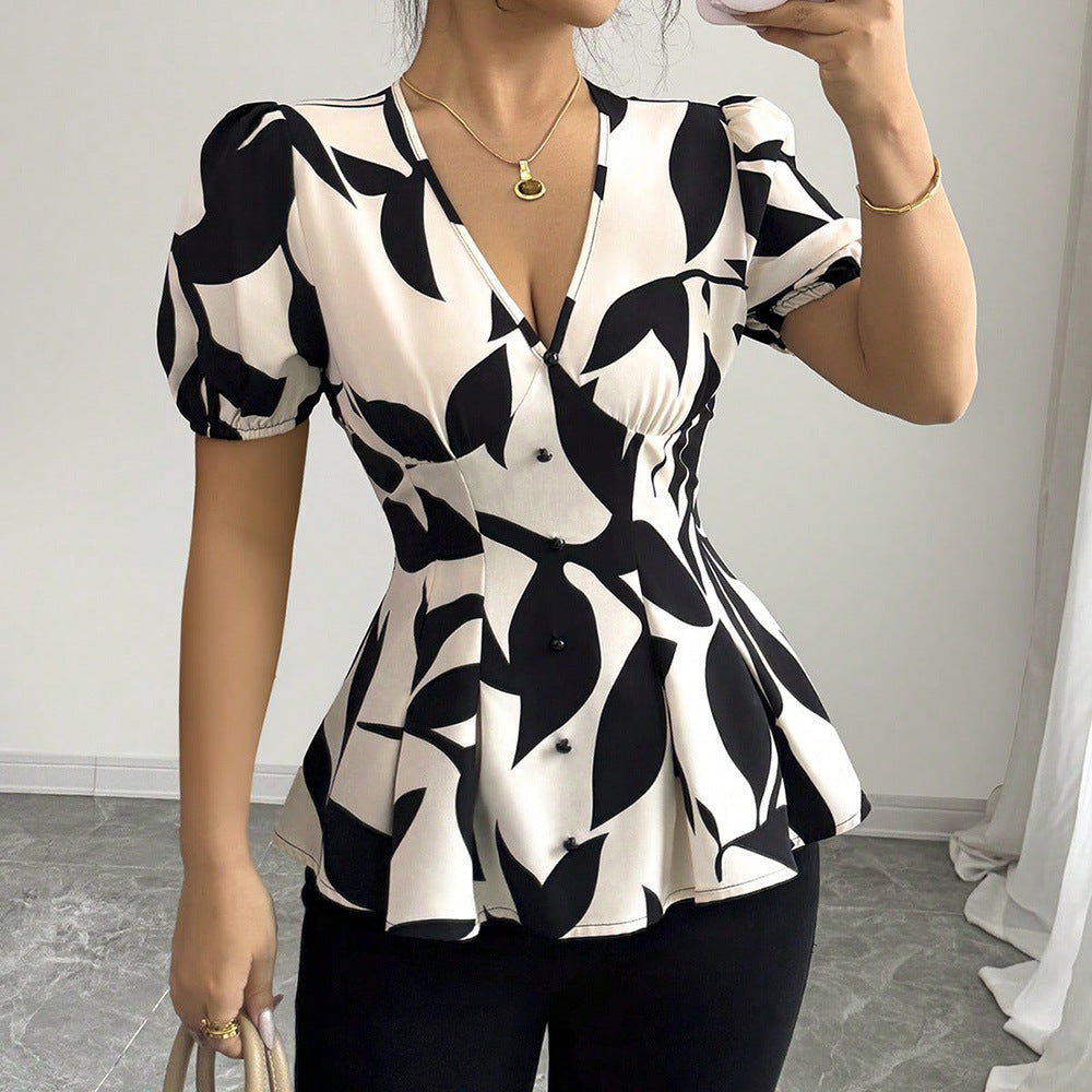 Peplum Blouse in Abstract Print - apricot neckline and waist close-up