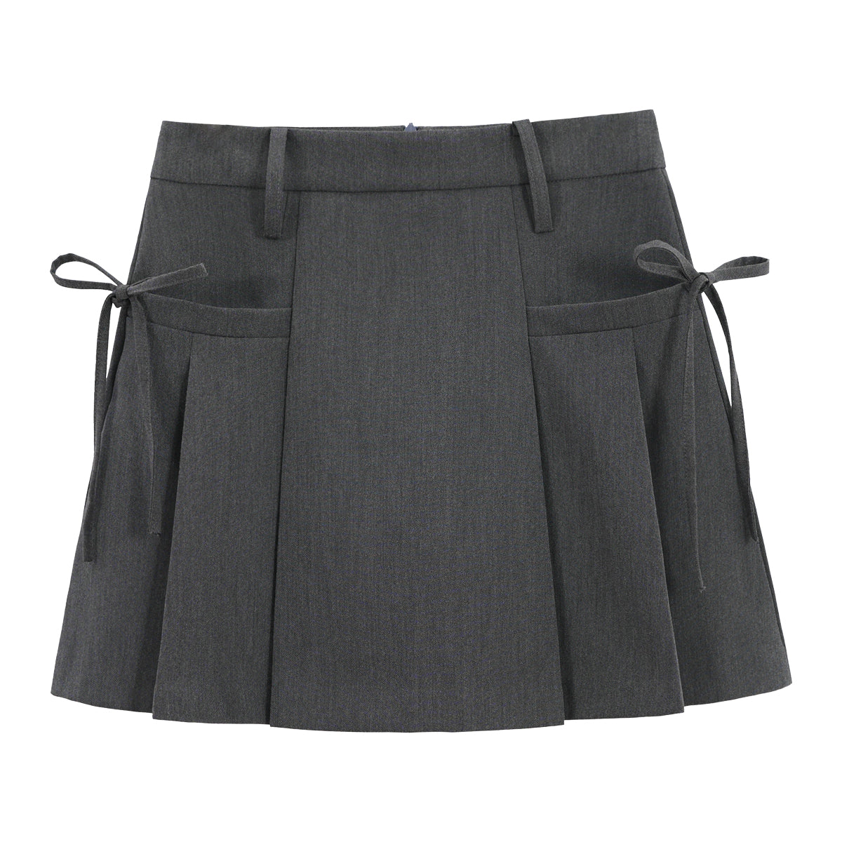 Mini Skirt in Pleated A-Line with Side Ties - grey front view