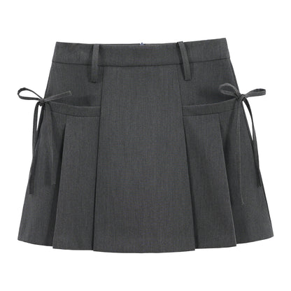 Mini Skirt in Pleated A-Line with Side Ties - grey front view