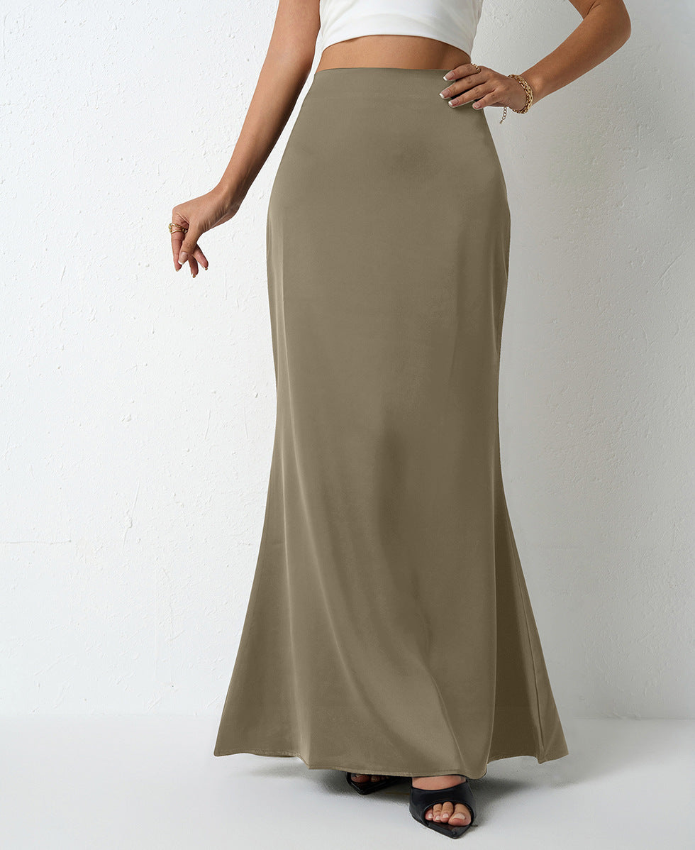 Maxi Skirt in Satin Bias Cut - Khaki front view
