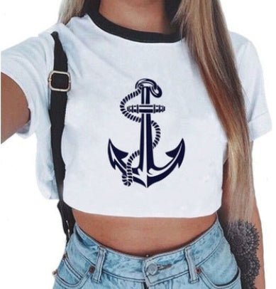 Crop T-Shirt in White with Graphic Print and Contrast Trim - white front with navy anchor print