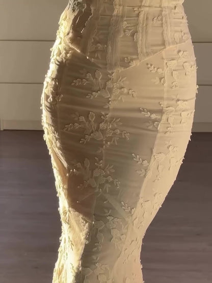 Maxi Skirt Set in Ivory with Strapless Embroidered Top - ivory embroidery detail