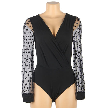 Bodysuit in Black with Polka Dot Mesh Sleeves - black front mannequin view