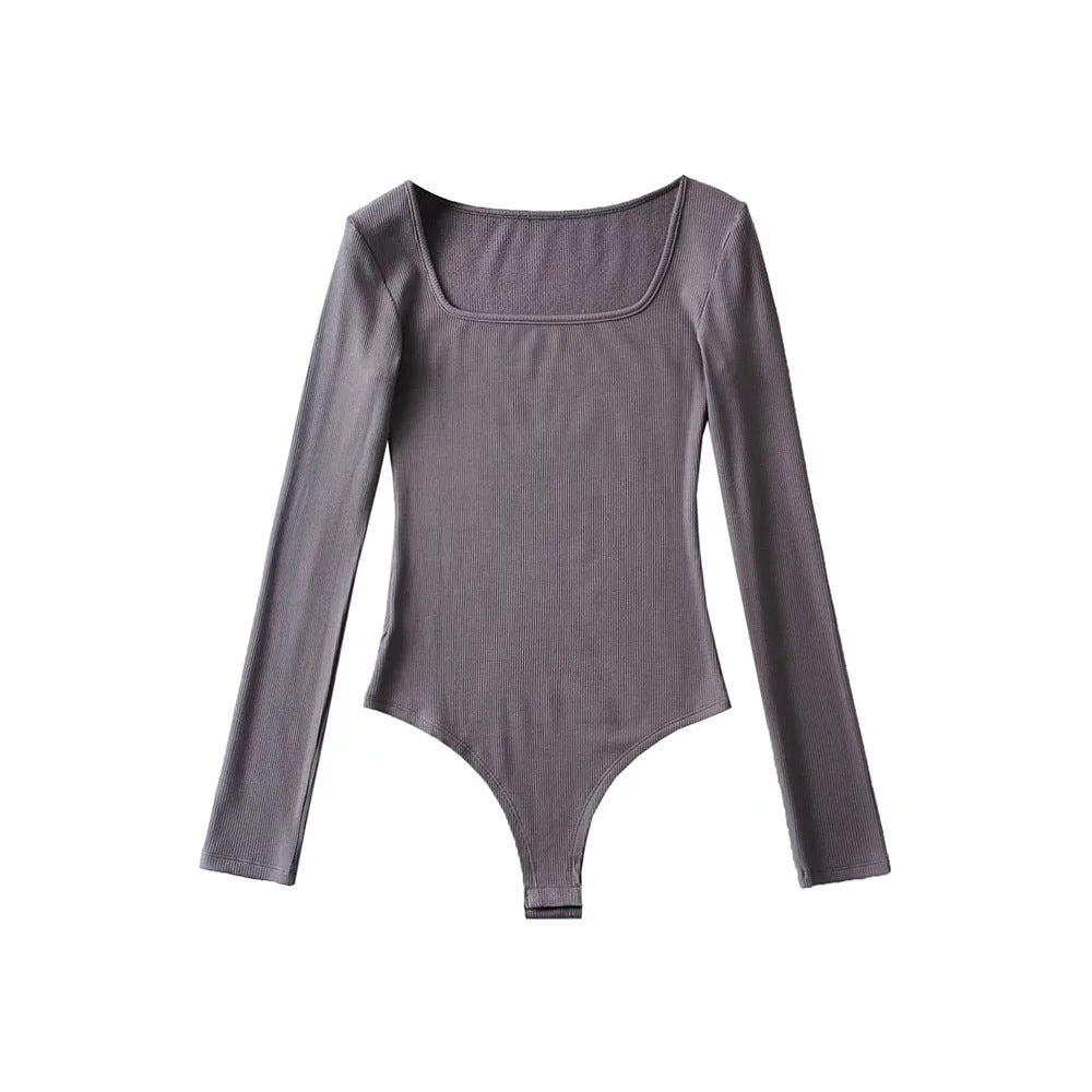 Square-Neck Brushed Rib Bodysuit with Long Sleeves - Dark Gray front view